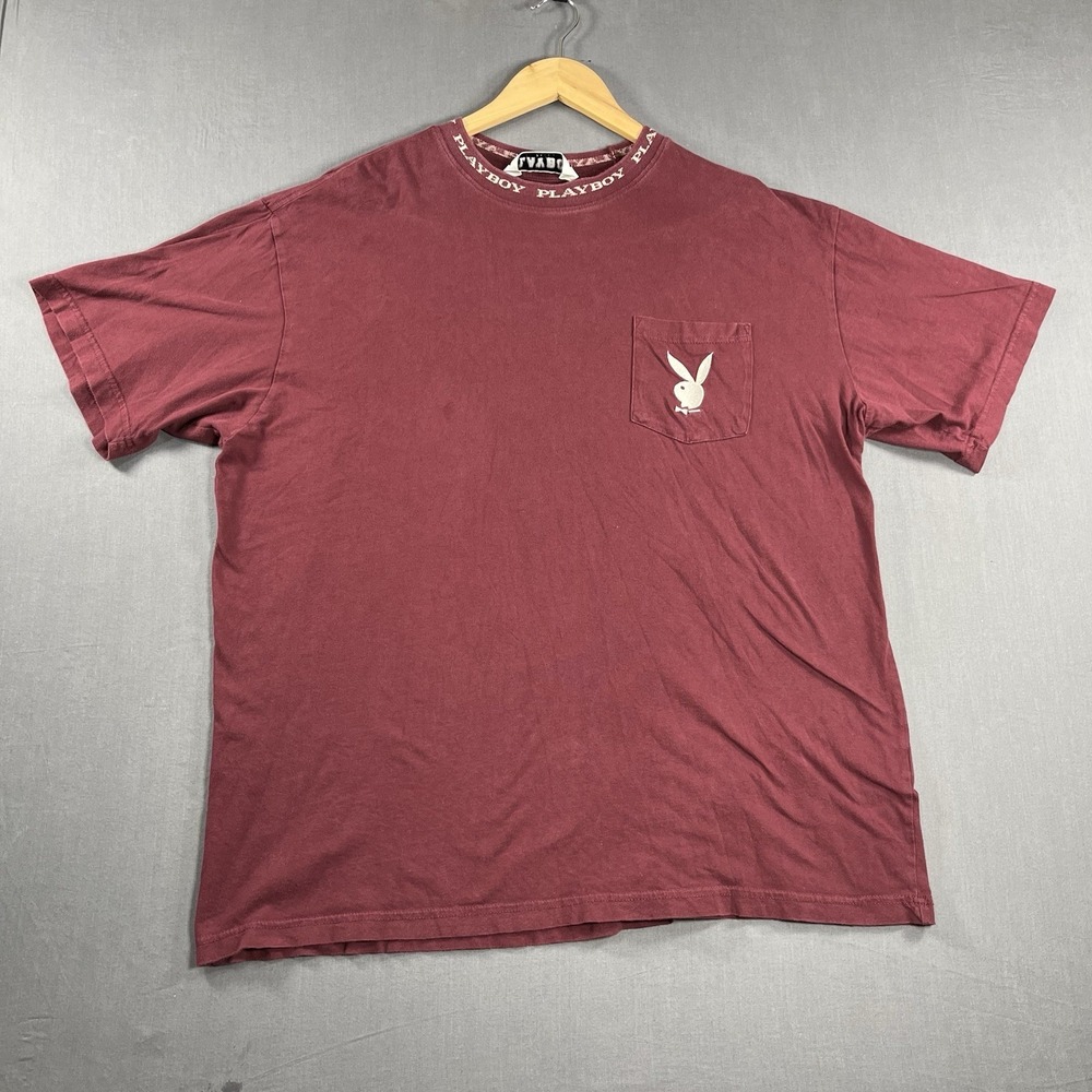 Y2K Playboy by Pacsun T Shirt Spellout Collar White Bunny Red T Shirt XL